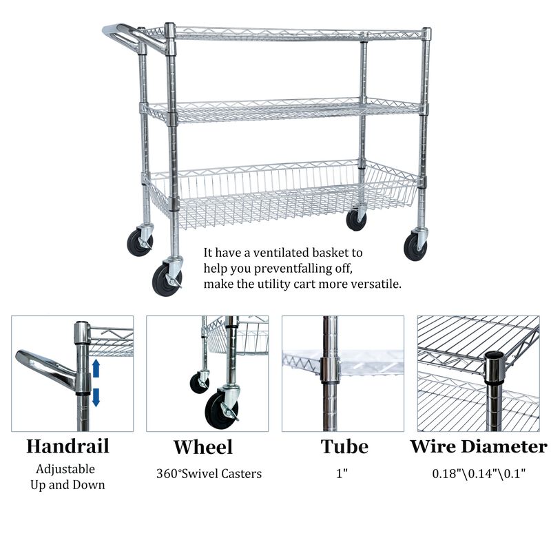 ELEMENT ACE Heavy Duty 3 Tier Rolling Utility Cart with Wheels, Handle Bar and Shelf Liners, Multi-Purpose Storage Solution for Kitchen, Restaurant, Garage and Office image number 8