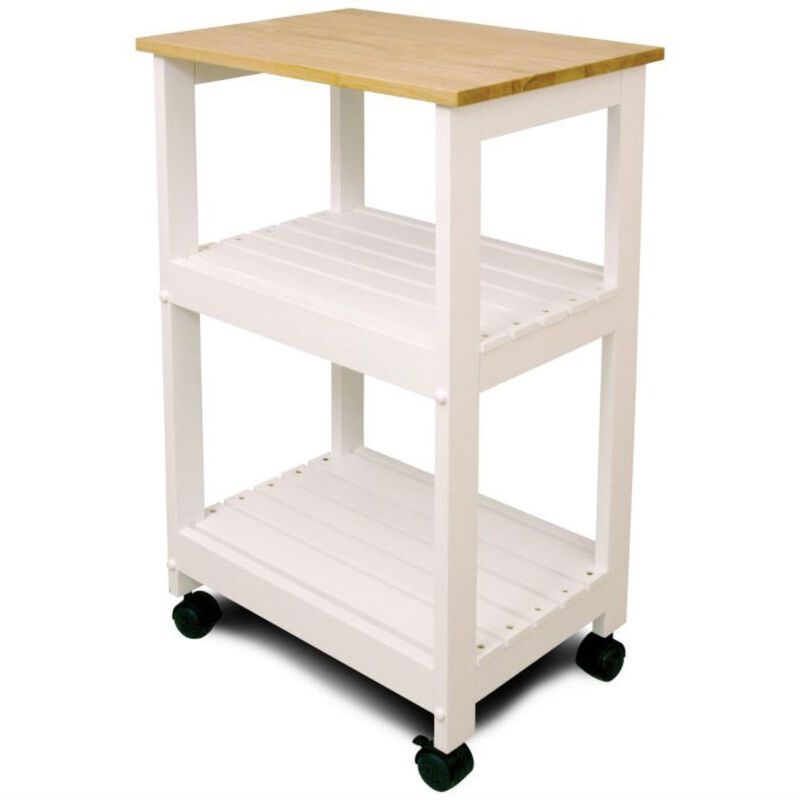 Hivvago White Kitchen Microwave Cart with Butcher Block Top & Locking Casters