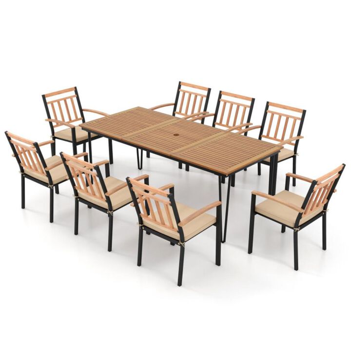 Hivvago 9-Piece Patio Dining Set 35.5 Inch Acacia Wood Table with Umbrella Hole and 24-Inch Wide Chairs
