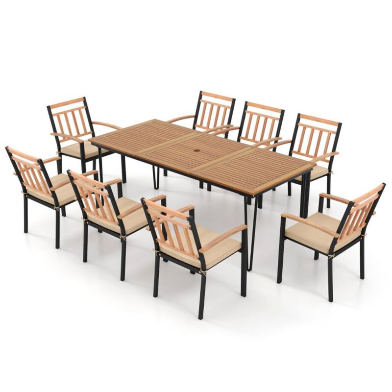 Hivvago 9-Piece Patio Dining Set 35.5 Inch Acacia Wood Table with Umbrella Hole and 24-Inch Wide Chairs