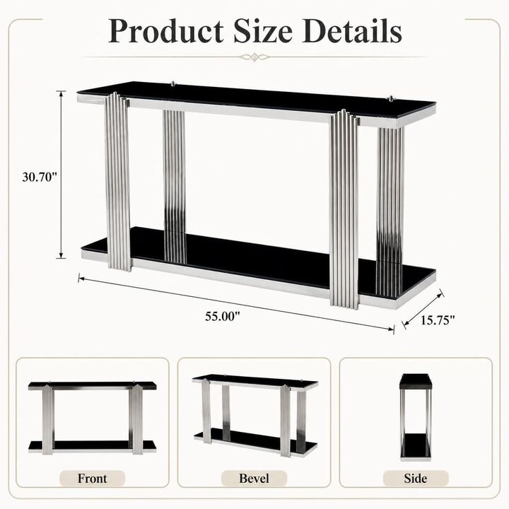 GOODSILO 55 Inch Double-Tier Storage Console Table with Tempered Glass Top, Sturdy Frame, Ideal for Entryways, Living Rooms, Hallways, and Behind Sofas