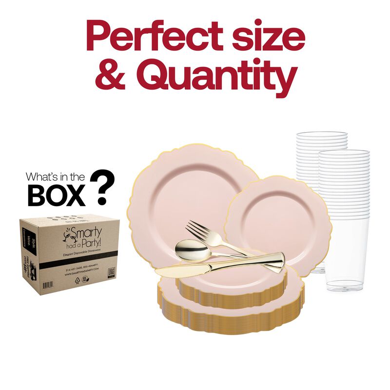 Pink with Gold Rim Round Blossom Plastic Wedding Value Set (30 Sets) image number 3