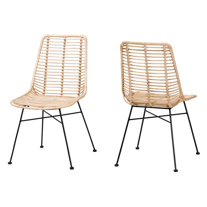 Bali & Pari Manhattan Modern Natural Brown Rattan and Black Metal 2-Piece Dining Chair Set