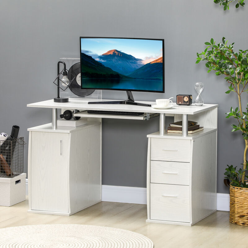 HOMCOM 47" Computer Desk with Keyboard Tray and Storage Drawers, Home Office Workstation Table with Storage Shelves, White Wood Grain