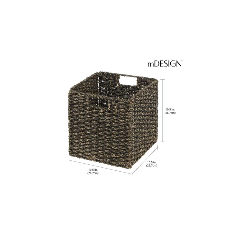 mDesign Seagrass Woven Cube Bin Basket Organizer, Handles, 4 Pack, Black Wash