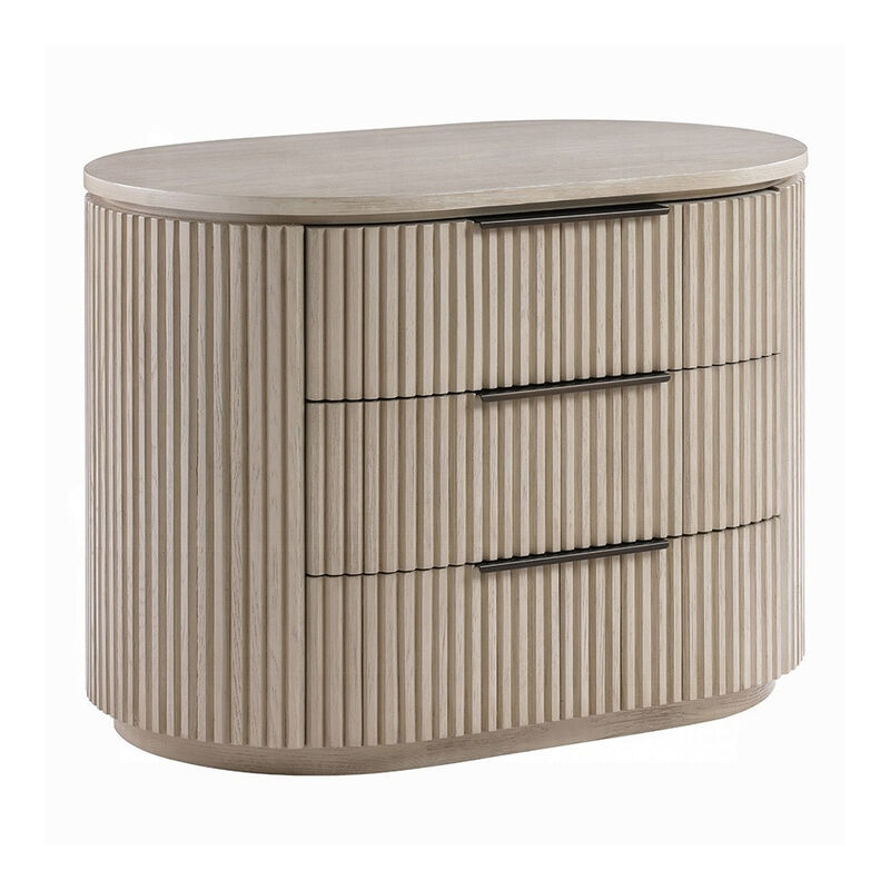 Dery Nightstand with USB Ports, 3 Ribbed Front Drawers, Light Oak Brown image number 0