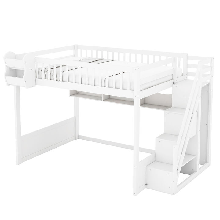 Merax Natural Wood Loft Bed with Storage Stair Wardrobe