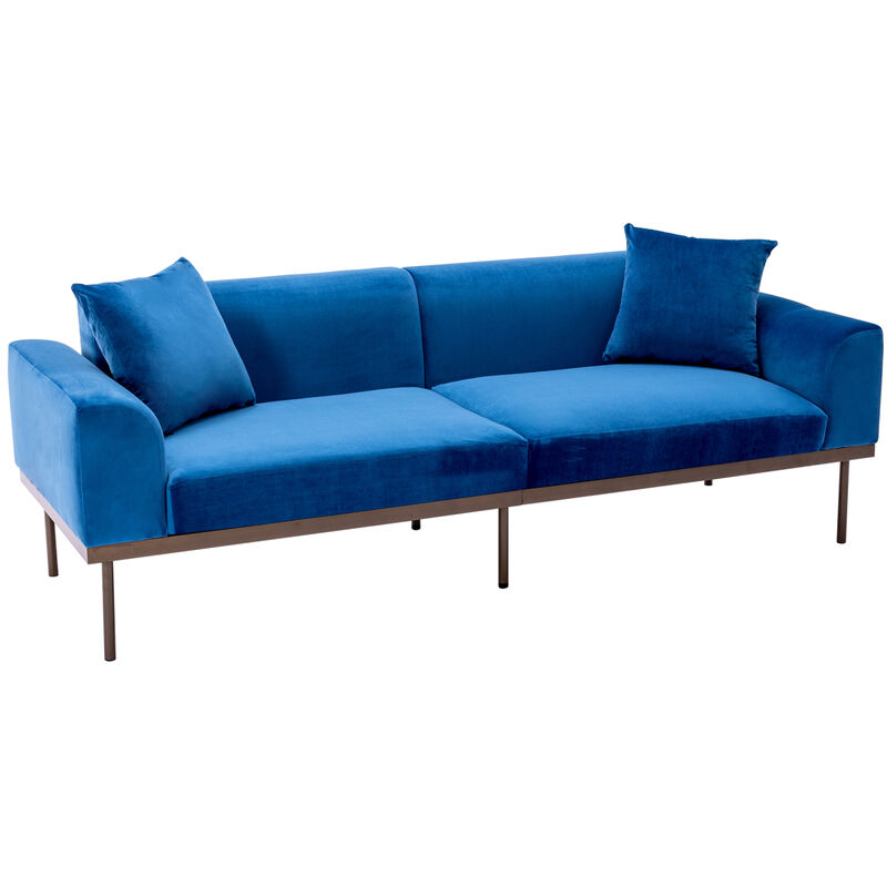 Modern Velvet Sofa with Metal Legs, Loveseat Sofa Couch with Two Pillows for Living Room and Bedroom, Blue