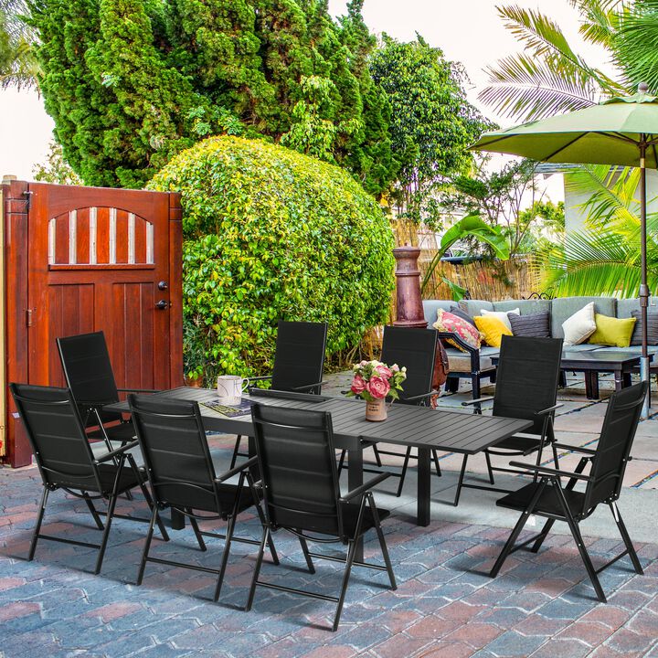 Patio Dining Set 9 Pieces for 8 Aluminum Expandable Outdoor Table Folding Reclining Padded High Back Chair Mesh Fabric Seats Black
