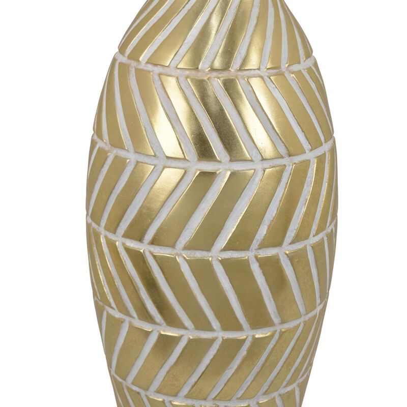 Accent Vase, Gold Resin Urn Shape, Lined Pattern in White, 28 Inch - Benzara