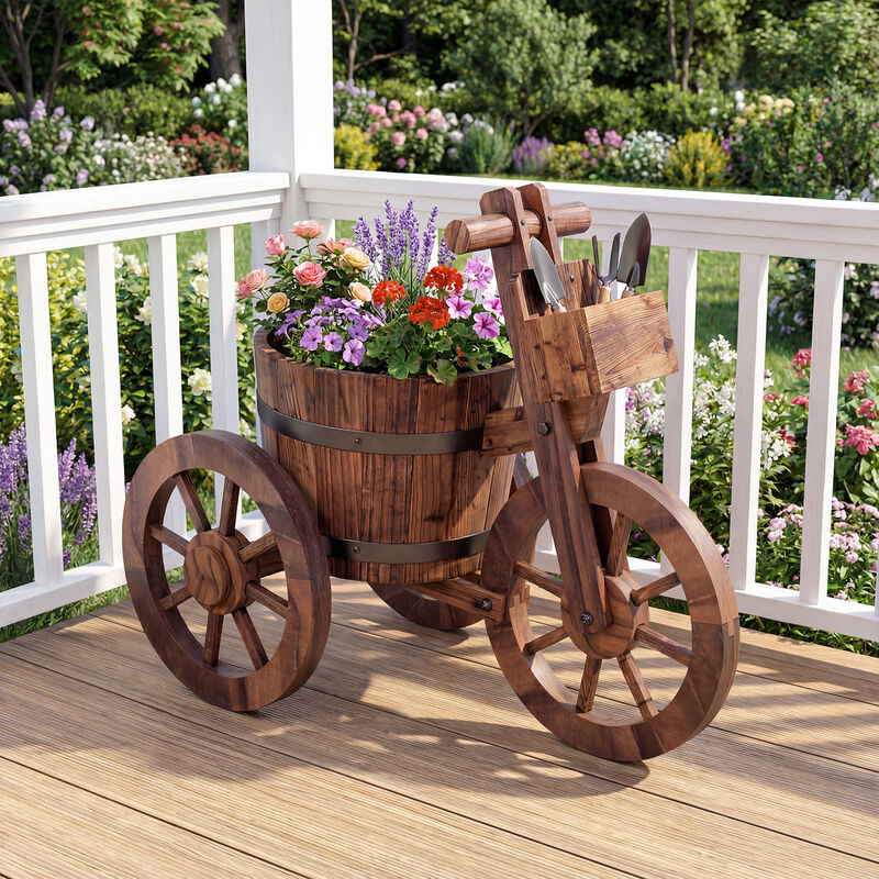 Wooden Tricycle Planter with Wheels and Built-In Storage Box-Coffee image number 5