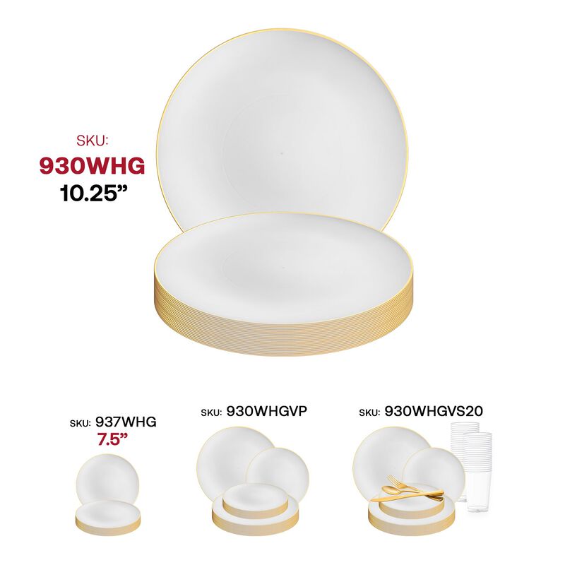 10.25" White with Gold Rim Organic Round Plastic Dinner Plates (120 Plates) image number 5