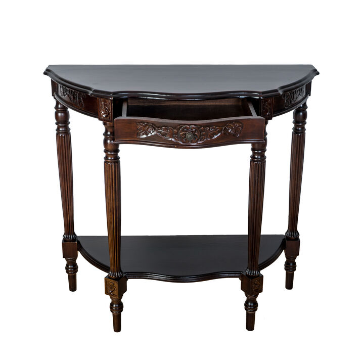 Half Crescent Moon Shape Engraved Wooden Console Table with 1 Drawer,Brown