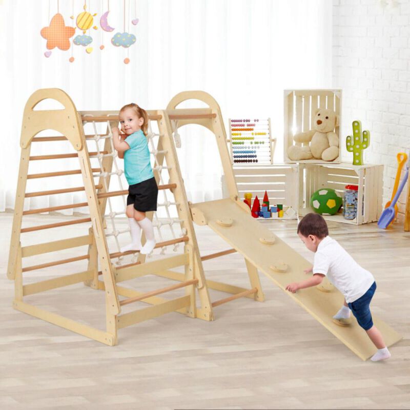 Hivvago 6-in-1 Wooden Kids Jungle Gym Playset with Slide Climbing Net