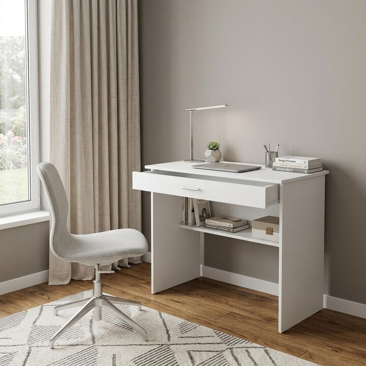 HomeRoots 32" White Wood Computer Desk With Drawer