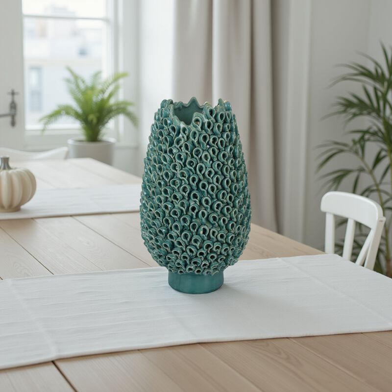 Accent Flower Vase, 3D Coral Textured Teal Green Ceramic 16 Inch - Benzara
