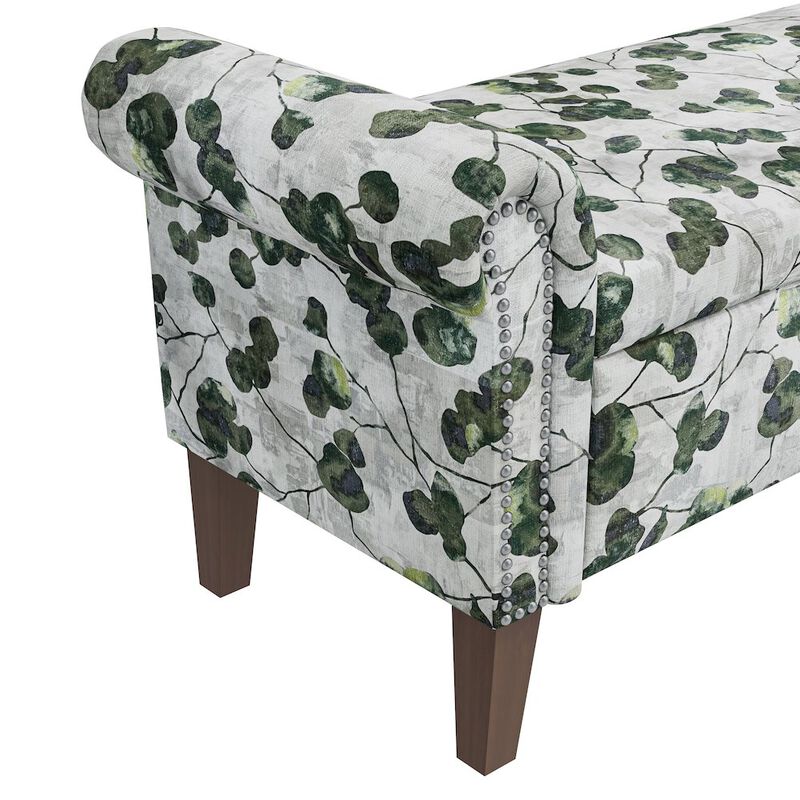 HL Home Furnishings Rolled Arm Storage Ottoman in Green Floral Bonsai