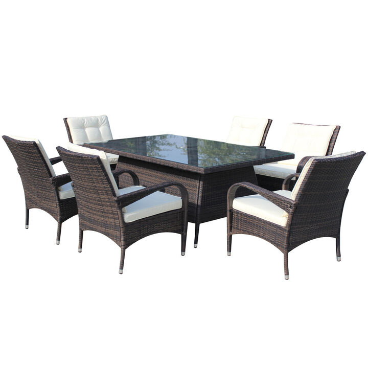 Patio 7-Piece Rectangular Dining Set with 6 Dining Chairs (Brown & Beige Cushion )