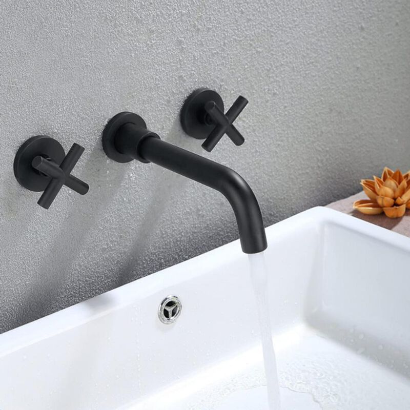 Wall-Mounted Bathroom Sink Faucet with Dual Handles for Modern Vanity & Space-Saving Design