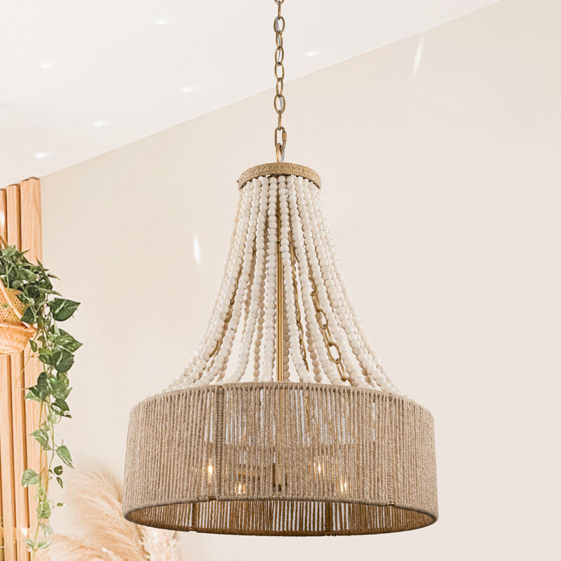 4-Light Bohemiann Woven Hemp Rope Wood Beads Chandelier