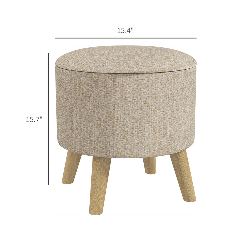 HOMCOM Round Storage Ottoman, Linen-Feel Fabric Upholstered Foot Stool with Removable Top, Padded Seat, Hidden Space and Wooden Legs for Living Room, Cream White