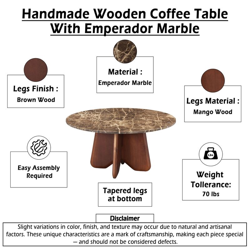 Zena 36 Inch Round Coffee Table, Spainish Emperador Marble Top, Brown Mango Wood Cross Legs image number 4