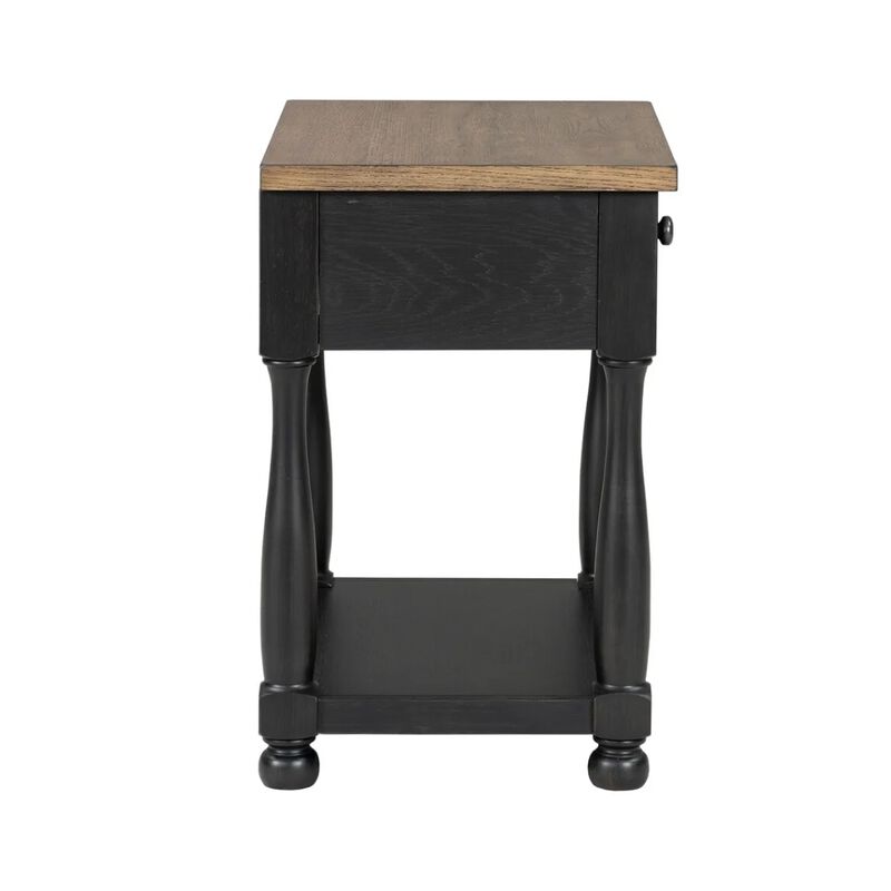 Ginie Nightstand, USB Ports and Drawer, Shelf, Black Rustic Oak Wood