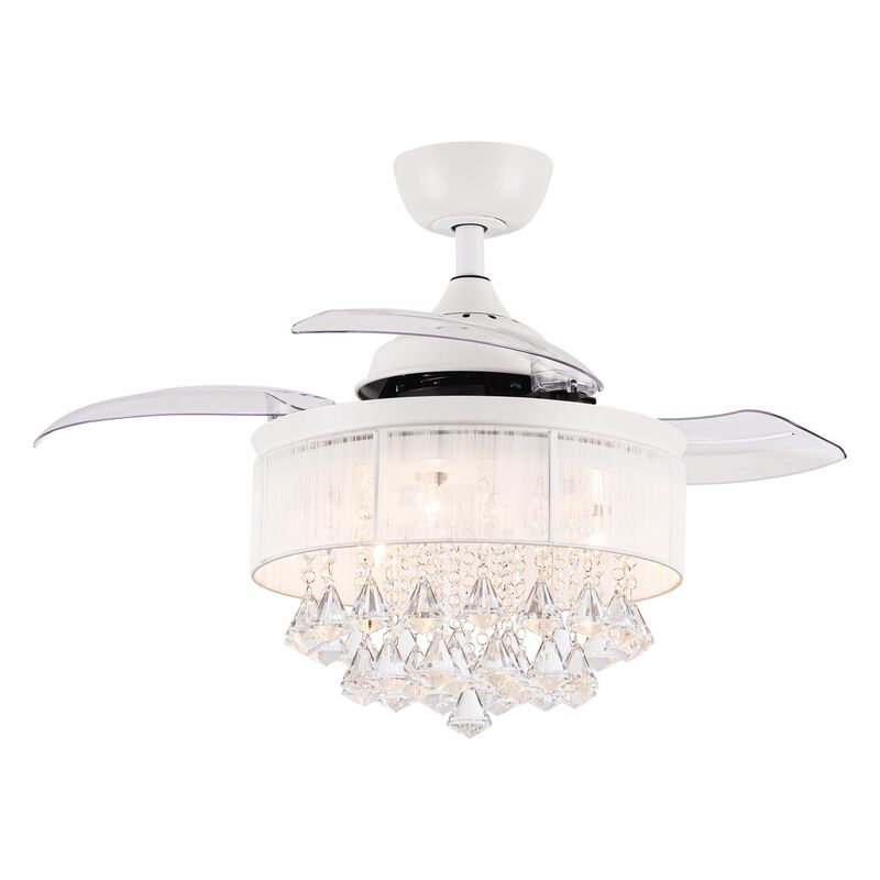 36 in. White Retractable 3 Blades Crystal Ceiling Fan Chandelier with Remote