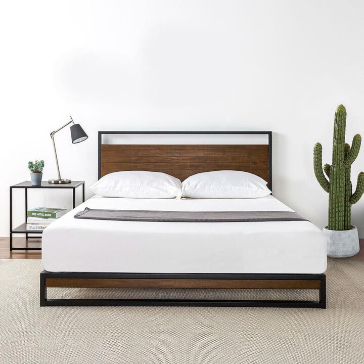 Hivvago Queen size Metal Wood Platform Bed Frame with Headboard