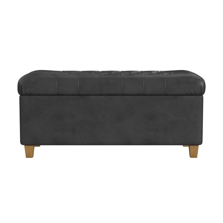 Bea Storage Ottoman Bench with Tufted Black Faux Leather, 40 Inch