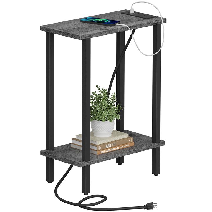 TUTOTAK Small End Table with Charging Station, Narrow Side Table with USB Ports and Outlets, Skinny Sofa Table, Slim Nightstand,