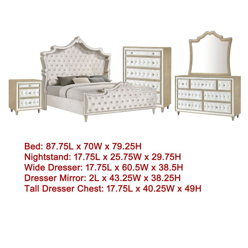 Lino 5 Piece Queen Bedroom Set, Classic Ivory White Velvet Upholstery