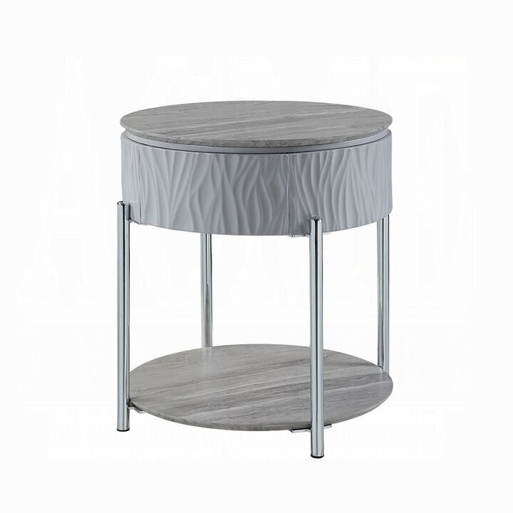 Doug Side End Table, 22 Inch Gray High Gloss Wood, Chrome Metal Finish