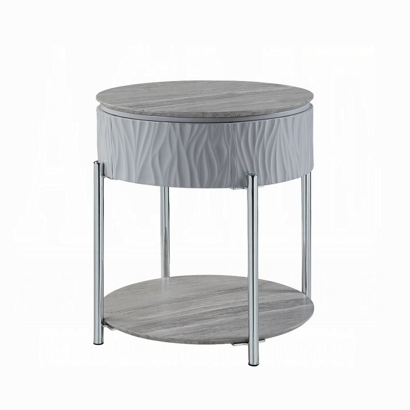 Doug Side End Table, 22 Inch Gray High Gloss Wood, Chrome Metal Finish