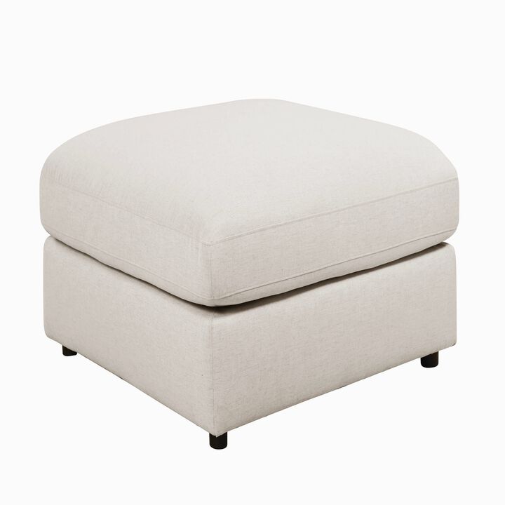 Fabric Upholstered Wooden Ottoman with Loose Cushion Seat and Small Feet, Beige-Benzara