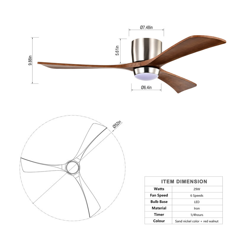 52" Ceiling Fan with LED Light &ndash; 3 Wood Blades, Remote, Quiet DC Motor, 6 Speeds