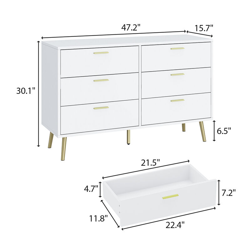 47.2&rdquo; 6 Drawer Dresser, Modern 6-Drawer Chest with Gold Metal Handles, Bedroom Dresser with Gold Metal Legs, for Living Room Entryway (47.2&rdquo;W x 15.7&rdquo;D x 30.1&rdquo;H)