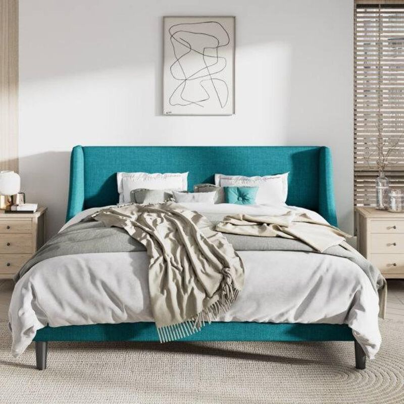 Hivvago King Size Upholstered Linen Blend Headboard Wingback Platform Bed in Turquoise