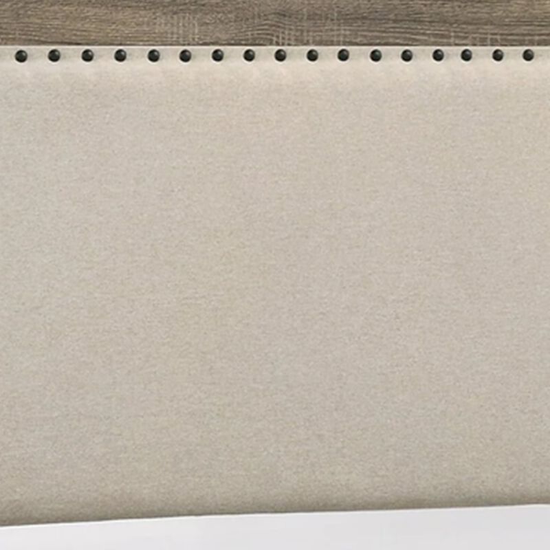 Shannon King Panel Bed with Nailhead Trim, Ivory Fabric, Gray Wood