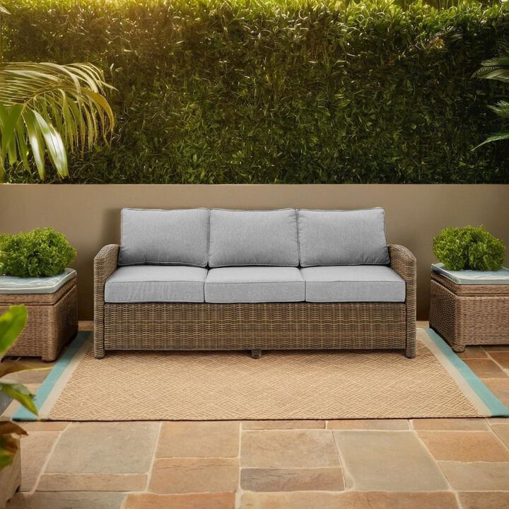 FurniFact Elegant Gray Wicker Outdoor Sofa with Weather-Resistant Cushion Covers
