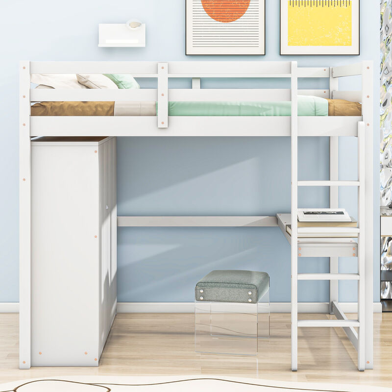Merax Modern Loft Bed with Built-in Wardrobe and Desk