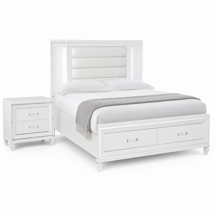 Queen Bedroom Set, White Wood, 2 Piece Set with Nightstand