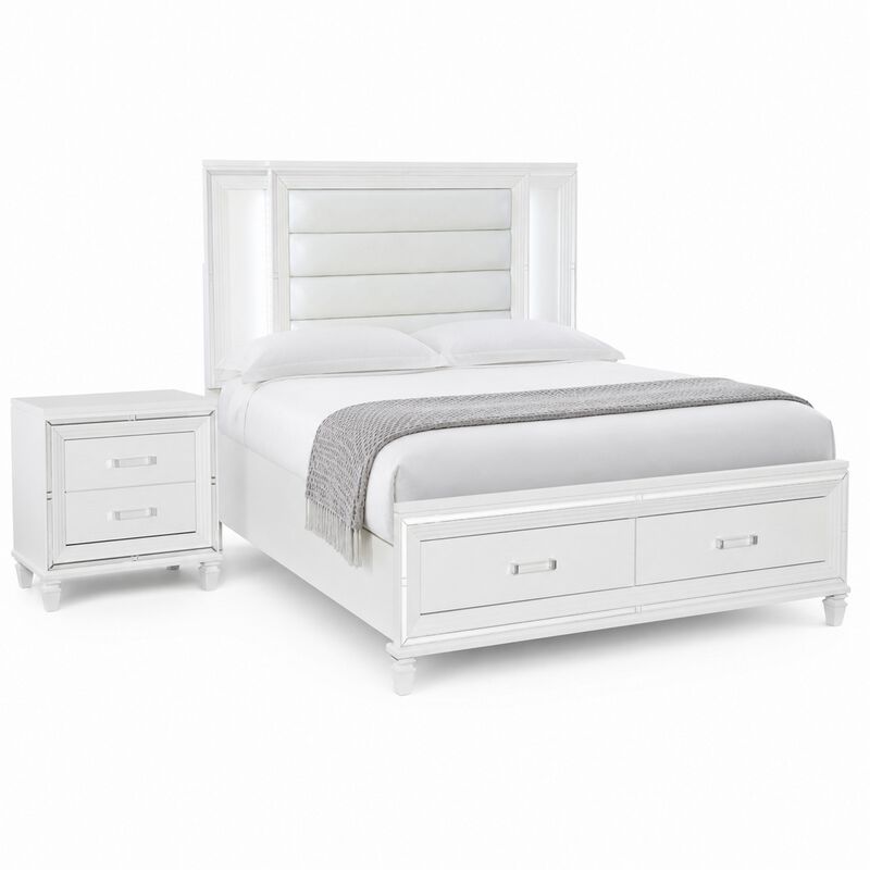 Queen Bedroom Set, White Wood, 2 Piece Set with Nightstand image number 0