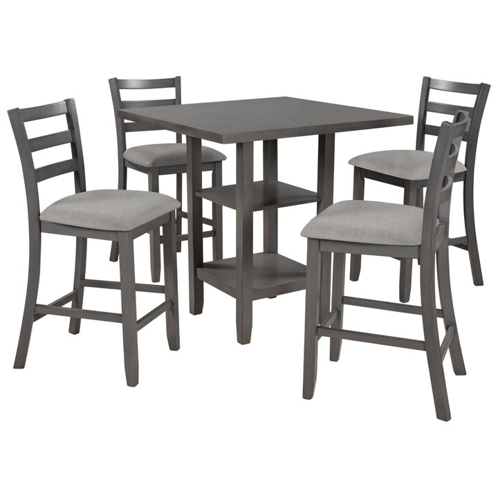 5-Piece Wooden Counter Height Dining Set with Padded Chairs and Storage Shelving (Gray)