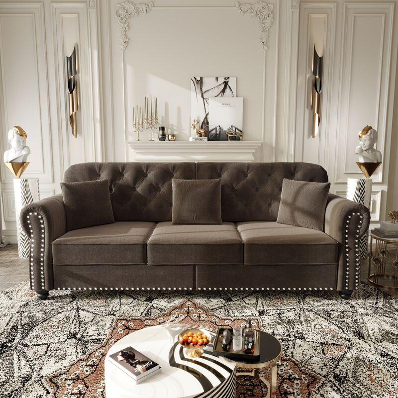 Whisen 3 Seat Velvet Sofa with 3 Ottomans, Nailhead Trim, Mid-Century Modern, for Living Room image number 2