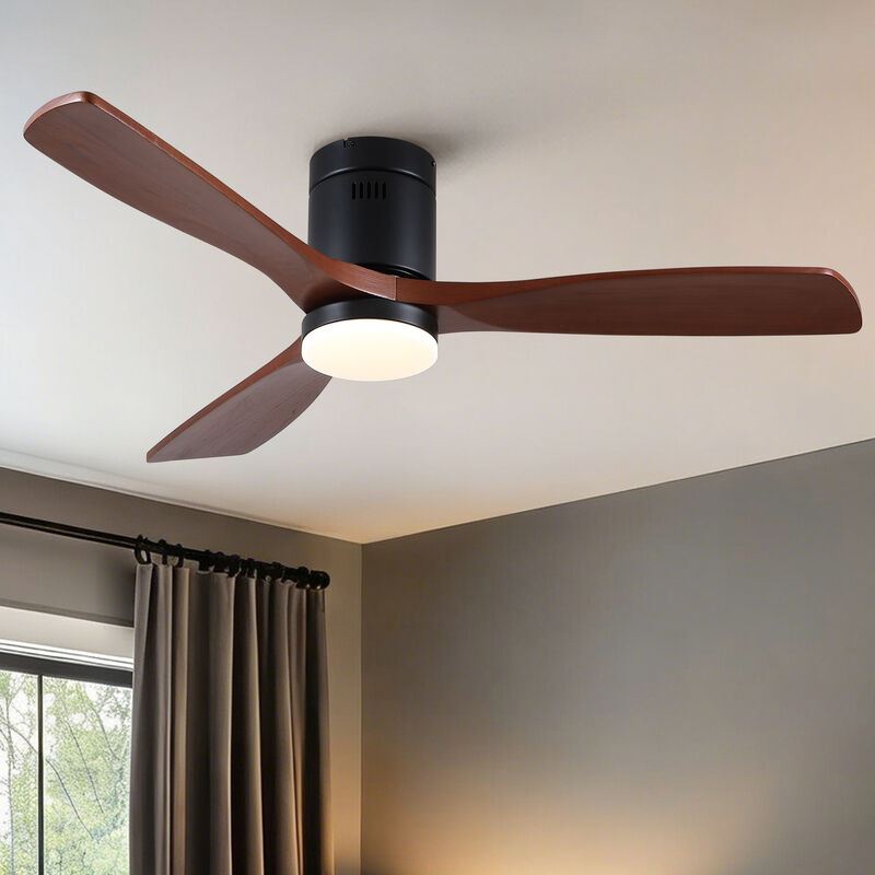 ELEMENT ACE 52 Inch Modern Matte Black Farmhouse Retro Solid Wood Low Profile Flush Mount Integrated LED Ceiling Fan with Light image number 3