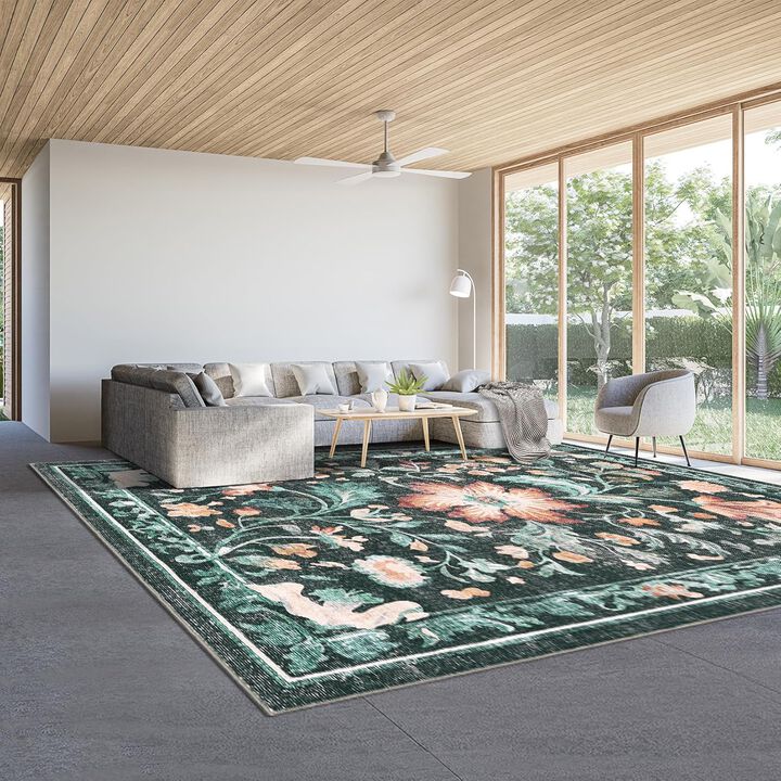 Modern Washable Folding Floral Print Rug, Soft Washable Non - Slip Backing for Living Room Bedroom