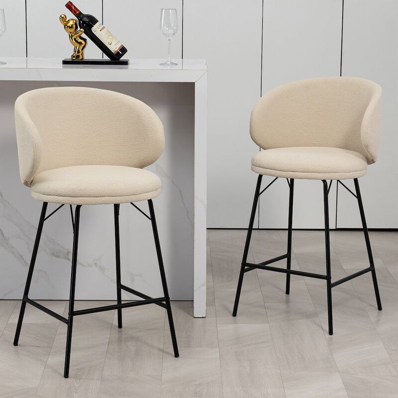 Glamour Home Set of 2 Baxter White Boucle Fabric Counter Stool with Black Iron Legs