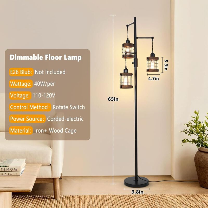 ELEMENT ACE Dimmable 3-Light Industrial Farmhouse Floor Lamp with Metal Cage Shades, Sturdy Stable Base for Living Room, Bedroom, Office, Study, Bar and More image number 2