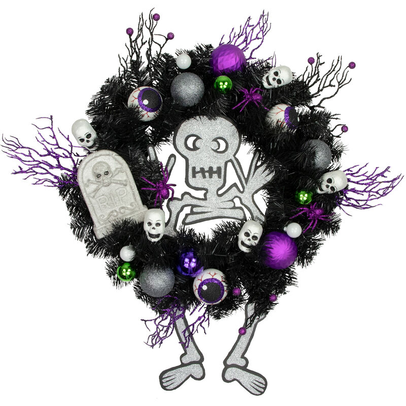 Purple and Black Spooky Skeleton Pine Halloween Wreath  24-Inch  Unlit image number 0